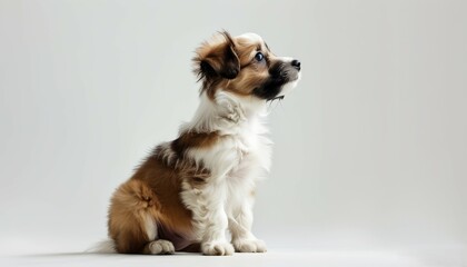 a small curious puppy on a white background