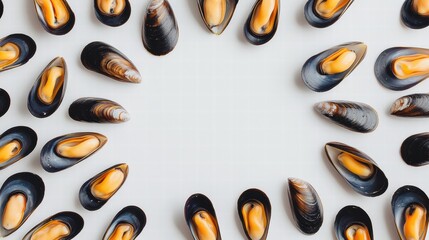 Obraz premium Fresh Mussel Shells Arranged in a Circular Pattern on White Background