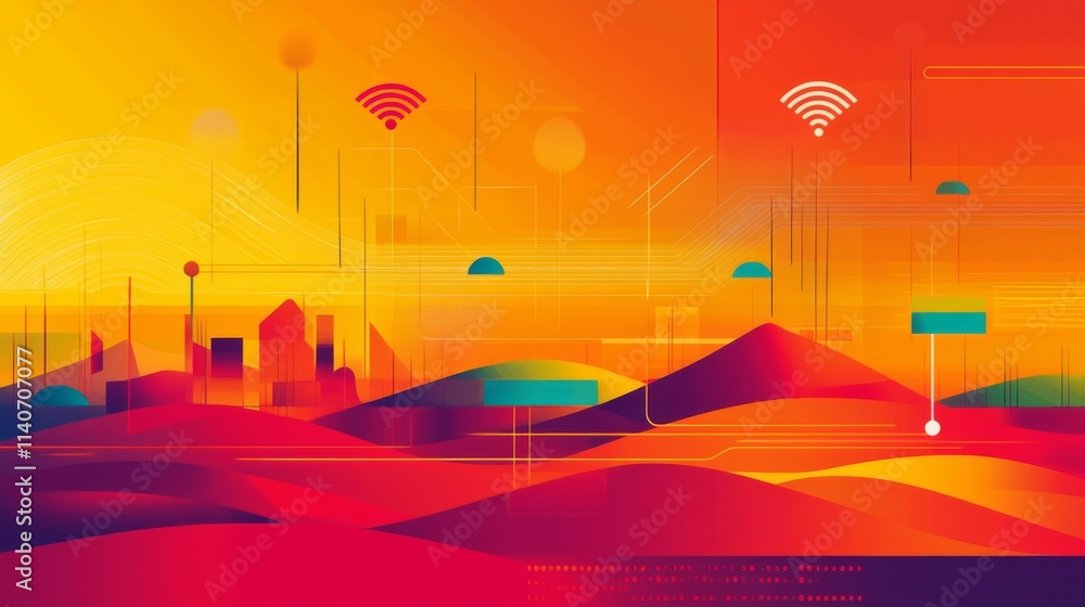 Poster vibrant abstract landscape with wi-fi signals and futuristic elements