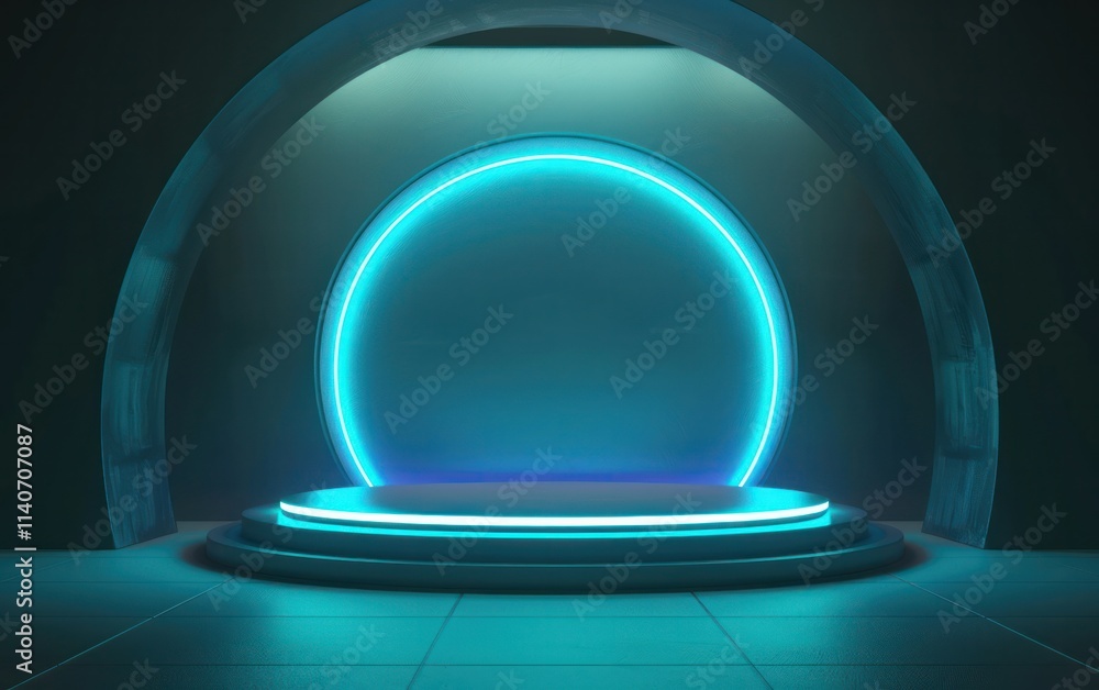 Poster futuristic circular platform illuminated with neon blue light in a dark minimalistic setting.