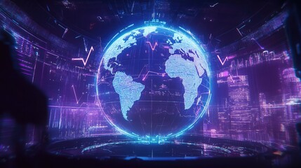 A world map overlaying a digital hologram of a globe, with dynamic trading arrows connecting major cities, technology-inspired, cyber aesthetic