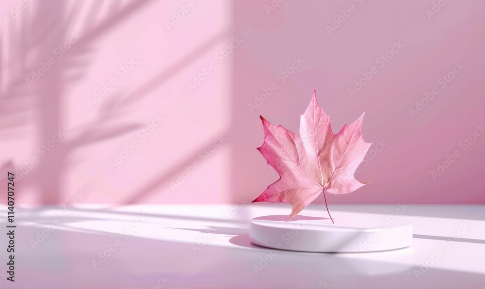 Poster delicate pink leaf rests on a white base against a soft pink backdrop highlighted by gentle shadows 