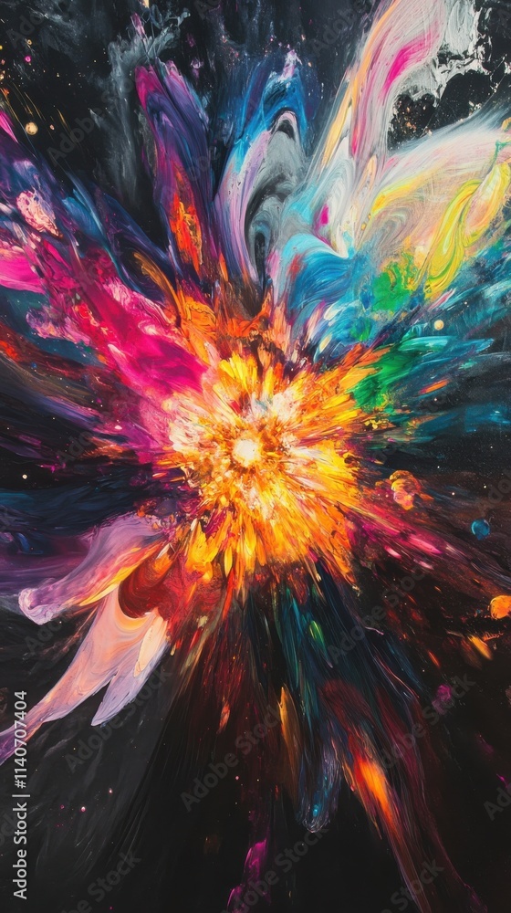 Poster surreal representation of a supernova showcasing vibrant colors and dynamic movement in the cosmos