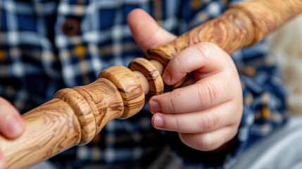 Fototapeta premium A detailed close-up of a child's hands gripping a beautifully carved wooden musical instrument. The intricate grain pattern and craftsmanship are highlighted.