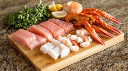 Fresh Seafood Preparation with Lobster, Shrimp, and Fish on Board