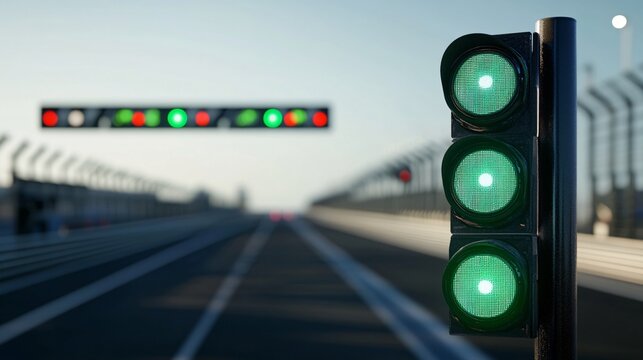 A close-up of a green traffic light at a racetrack, signaling the start of a race with a blurred track in the background.