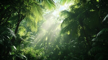 Obraz premium Sunlight streams through lush green foliage of a vibrant rainforest, creating a serene and tranquil atmosphere.