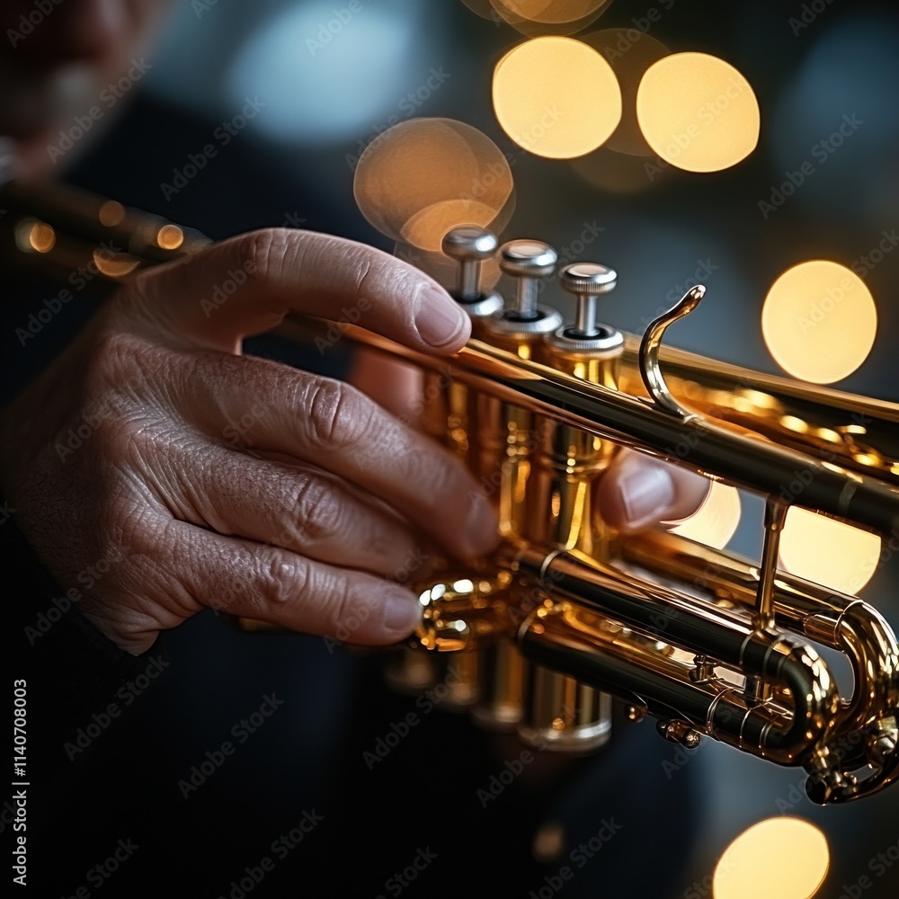 Poster close-up of a person playing a trumpet with soft bokeh lights in the background.