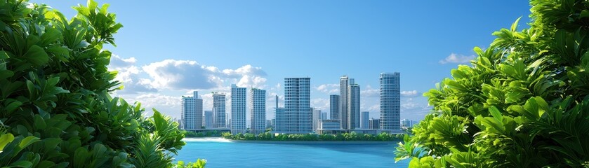 Fototapeta premium A vibrant city skyline with modern buildings, surrounded by lush greenery and a clear blue sky over a tranquil body of water.