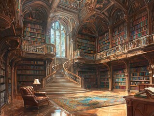 Obraz premium A grand library with ornate architecture, spiral staircase, and cozy reading area.