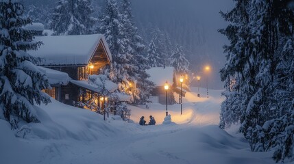 A quiet snowy village with glowing street lamps and children building a snowman