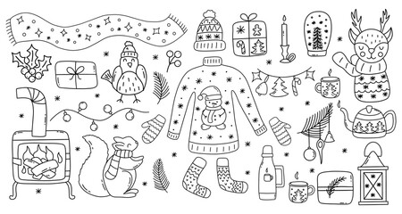 Set of winter elements on white background. Sweater and hat, mittens and warm socks, scarf and garlands, stove and hot tea, animals. Black and white vector isolated illustration hand drawn doodle