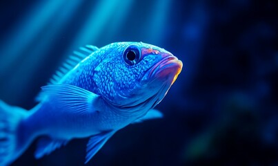 Vibrant blue fish underwater, close-up.