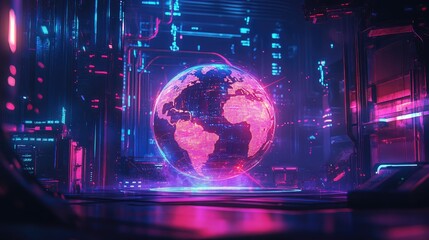Fototapeta premium A world trade concept depicted with a glowing holographic globe in a dark cyberpunk-style setting, vivid neon highlights, sci-fi aesthetic
