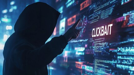 Silhouetted figure in a hoodie pointing at the word 'CLICKBAIT' on a digital screen.