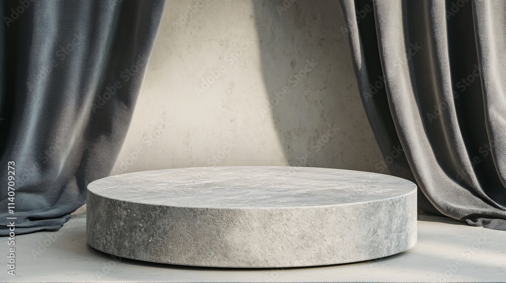 Poster minimalist gray podium with soft curtains creating an elegant display setting.