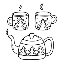 Tea set, teapot and mugs with hot drink with winter print. Winter season. Black and white vector isolated illustration hand drawn doodle. Cozy warm atmosphere coloring