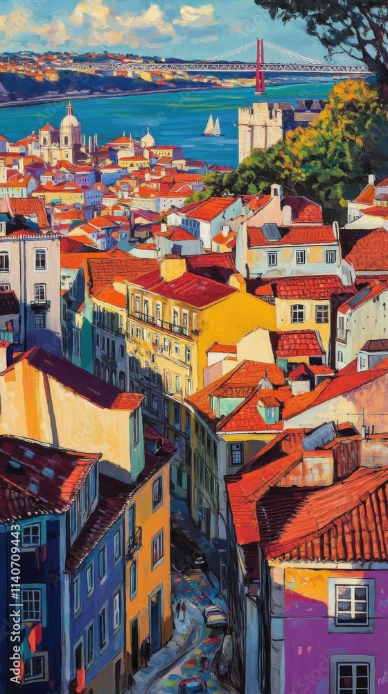Poster stunning aerial view of vibrant lisbon showcasing colorful rooftops and historical architecture duri