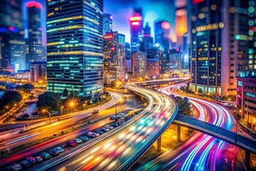 Fototapeta premium Stunning Long Exposure Mosaic Photography: Night City Lights, Abstract Art, Colorful Patterns, Light Trails, Urban Photography