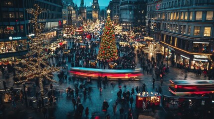 A busy city square decorated with Christmas lights and a giant Christmas tree at the center