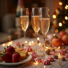 cozy evening festive interior - close-up of a served table with glasses of champagne, fruit and candies