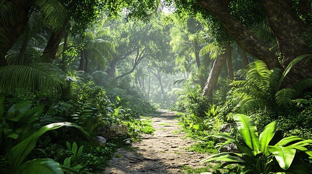 Fototapeta A tranquil pathway through a lush green jungle filled with dense foliage and sunlight filtering through the trees.