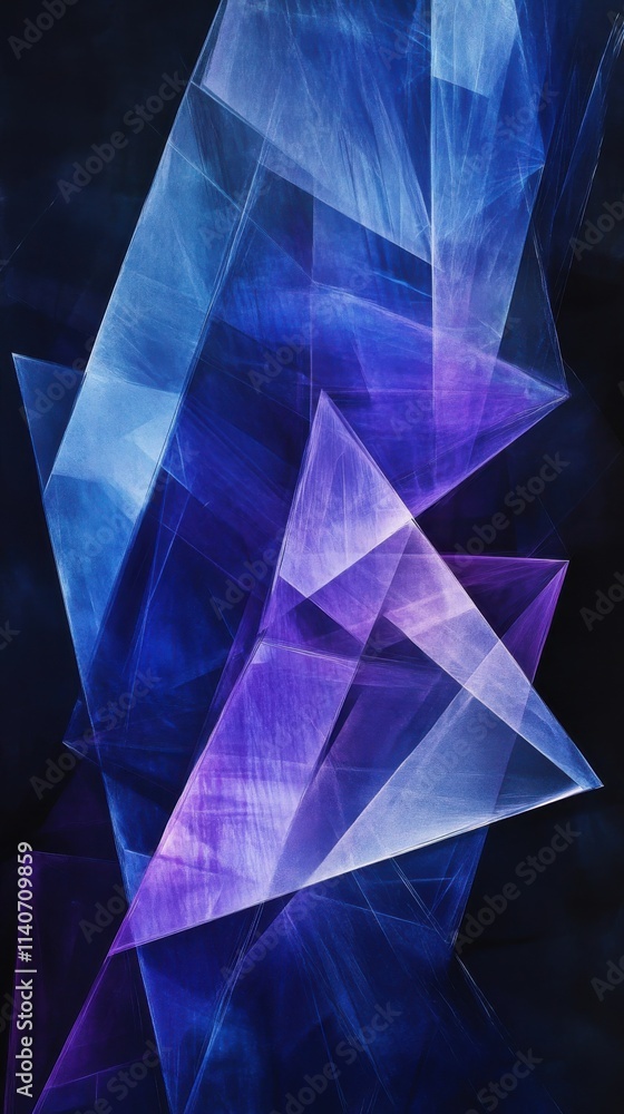 Aufkleber striking composition of layered triangular shapes in vibrant blues and purples against a dark backdr