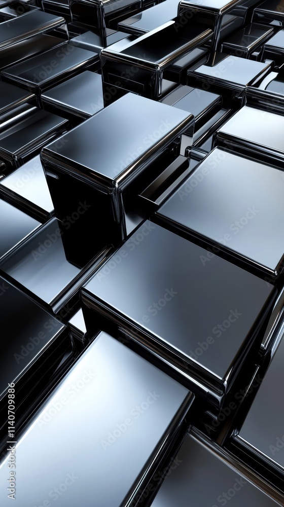 Poster overlapping glossy black blocks create intricate geometric patterns in a modern abstract design