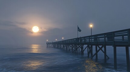 Fototapeta premium A serene night scene of a pier under a full moon, casting a calm glow over the ocean waters.