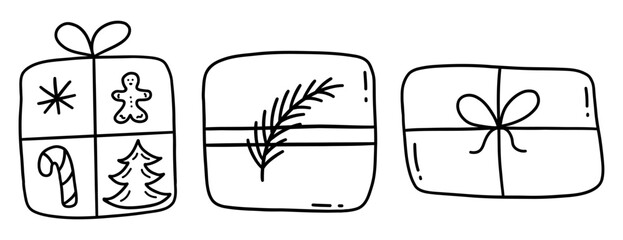 Set of three cute festive gift boxes. Merry Christmas and Happy New Year. Winter holiday. Black and white vector isolated illustration hand drawn doodle. Present contour icon group