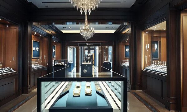 Elegant jewelry store interior with display cases and a chandelier.