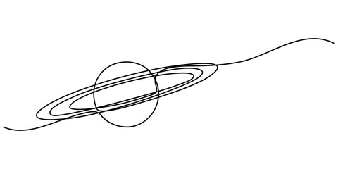 Continuous one line drawing Saturn Planet. Vector illustration, vector illustration continuous line art drawing of ringed planet, Majestic saturn spins one.  © line drawing