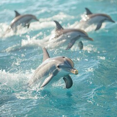 Obraz premium A group of dolphins swimming in clear blue water, showcasing their playful nature.