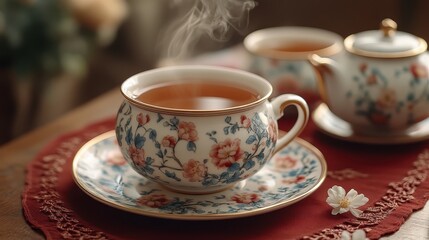 Fototapeta premium A tea set with steaming cups of jasmine tea, placed on a decorative red tablecloth.