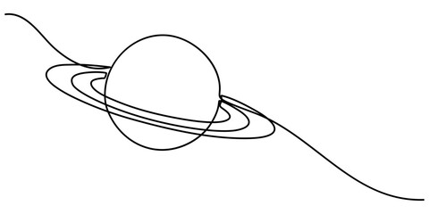 Continuous one line drawing Saturn Planet. Vector illustration, vector illustration continuous line art drawing of ringed planet, Majestic saturn spins one.  © line drawing