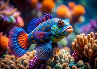 Stunning Maderin Fish High Depth of Field Photography: Underwater Scene, Close-up, Detailed Scales, Vivid Colors, Aquatic Life, Nature Photography, Wildlife Photography, Underwater World
