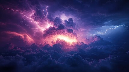A dramatic sky filled with vibrant colors, lightning, and clouds, evoking a sense of awe.