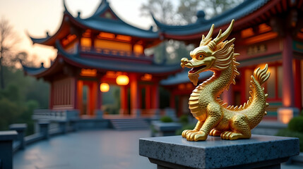 Fototapeta premium Majestic golden dragon statue rests serenely before a beautifully lit ancient temple at sunset, a scene of peace and cultural heritage.