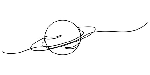 Continuous one line drawing Saturn Planet. Vector illustration, vector illustration continuous line art drawing of ringed planet, Majestic saturn spins one.  © line drawing