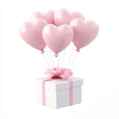 3d pink heart shaped balloons with white gift box, isolate on white background.