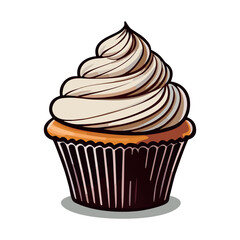 Vector Illustration of a Cupcake with Vanilla Frosting in a Dark Brown Wrapper – Sweet Dessert Clipart