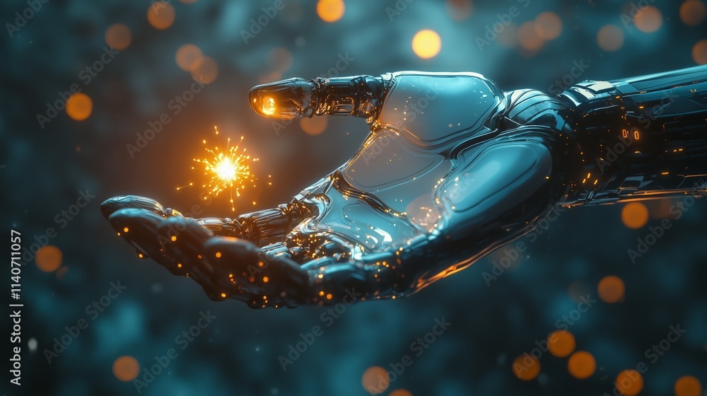 Poster a ai robot hand holding a glowing light, abstract dark background with bokeh lights.