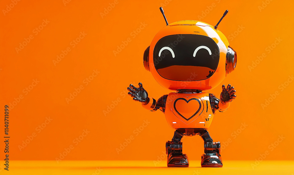 Poster a 3d orange robot in studio with happy face icon on lcd screen face