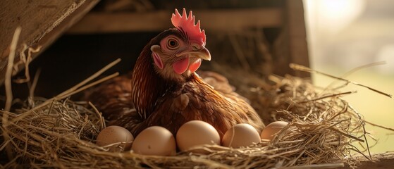 Brown hen sitting in a straw nest with fresh eggs, in hen house.