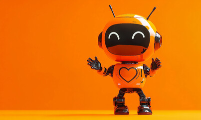 a 3D orange robot in studio with happy face icon on lcd screen face