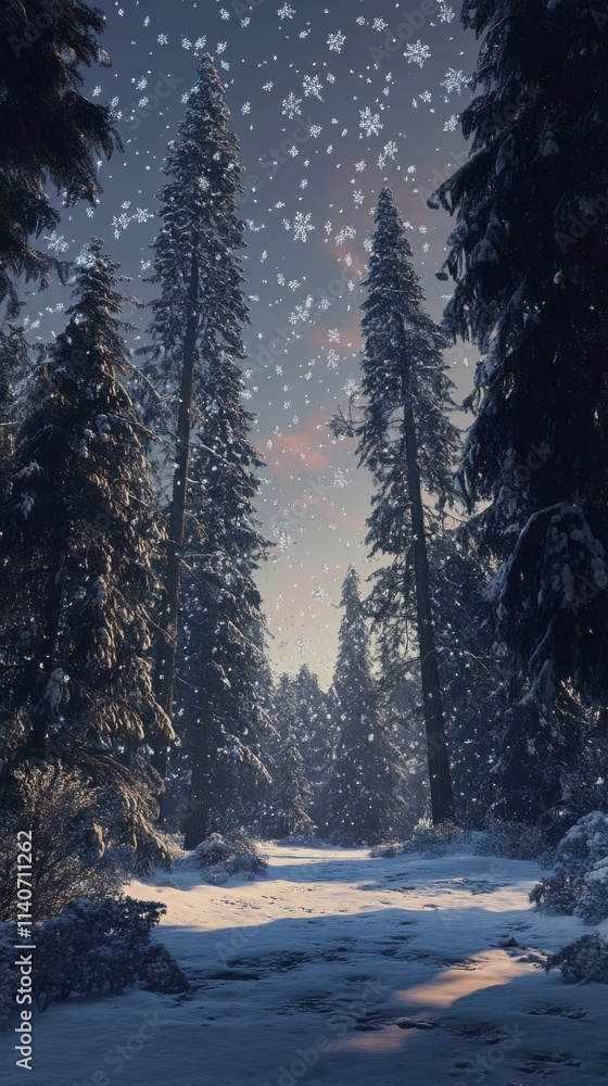 Aufkleber snowy twilight landscape with tall trees and falling snow creating a tranquil winter atmosphere