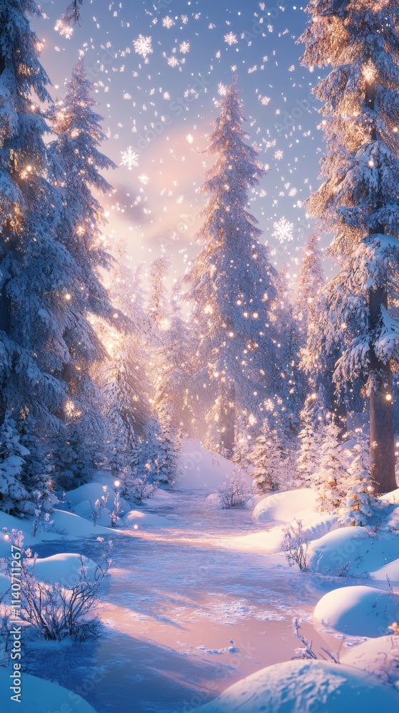 Poster serene snowy landscape at twilight shows majestic trees and a peaceful path through a winter wonderl