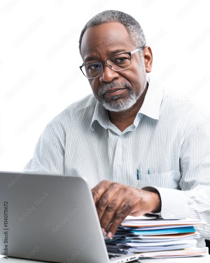 Aufkleber senior policy analyst engaged in research and analysis while seated at a desk with a laptop and docu