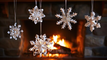 Handmade snowflake decorations hanging in front of a glowing fireplace