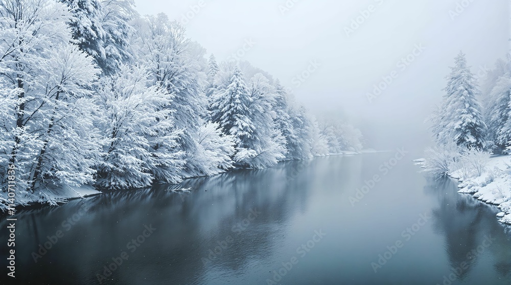 Poster serene winter landscape with a river surrounded by snow-covered trees. the water reflects the snowy 
